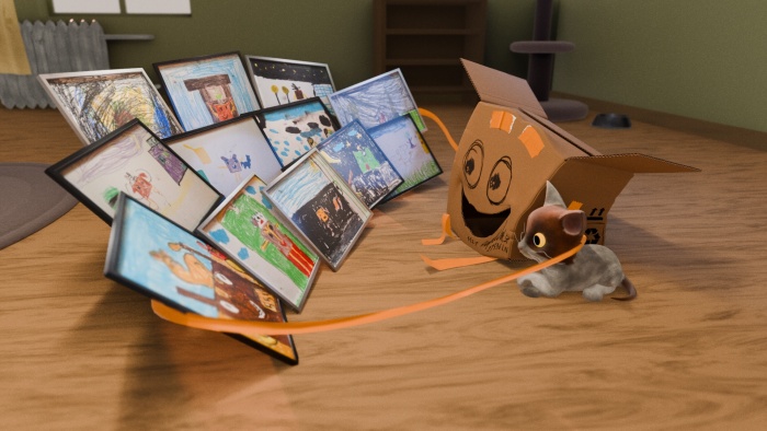 Wyjątkowe podziękowanie Damiana Tchórzewskiego Jury Dziecięcemu. - Bohaterowie animacji "Zapakowany" podziwiają prace Jury Dziecięcego.